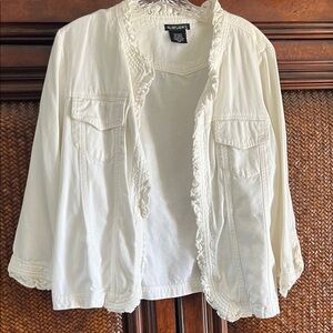 NY Collection Cream Ruffle-Trim Jean Jacket